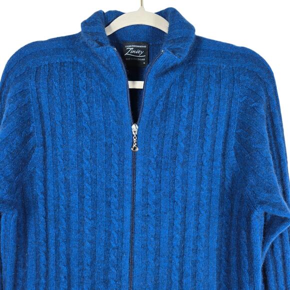 Zinity Sweater Womens Medium Blue Full Zip Cable Knit Possum Merino Made in NZ - Picture 2 of 11
